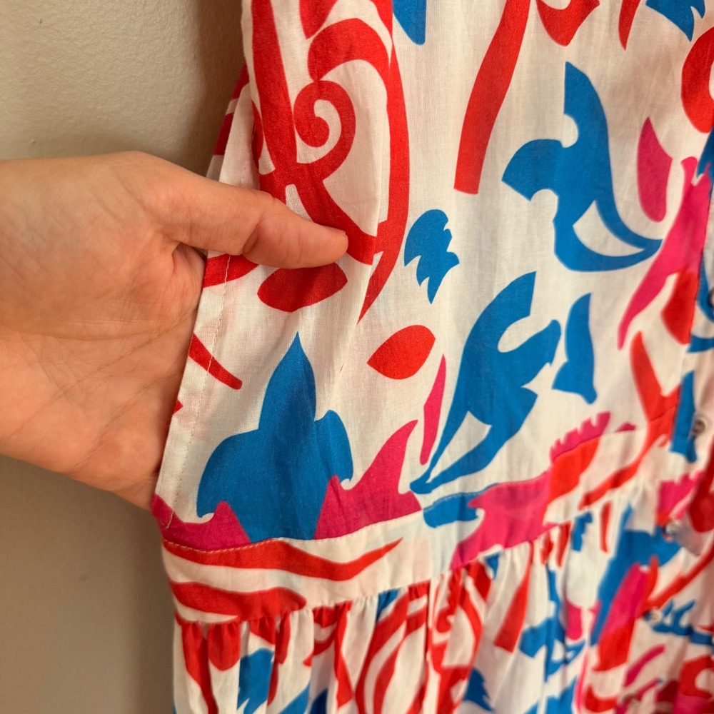 CHARLEE Taylor Dress Ikat Orange Abstract Print‎ Ruffle Tiered Midi Medium NEW - Picture 5 of 6